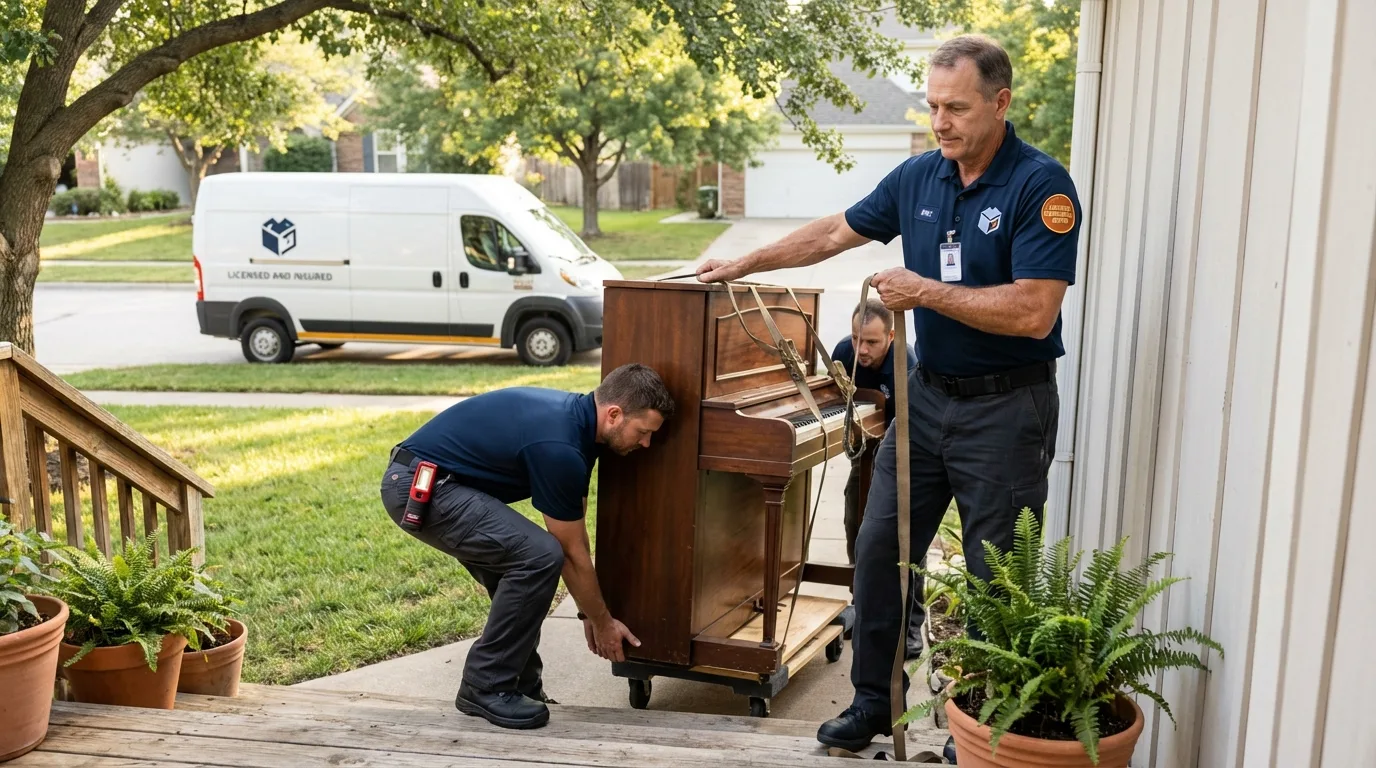 Licensed piano movers securing grand piano in Ashville, OH