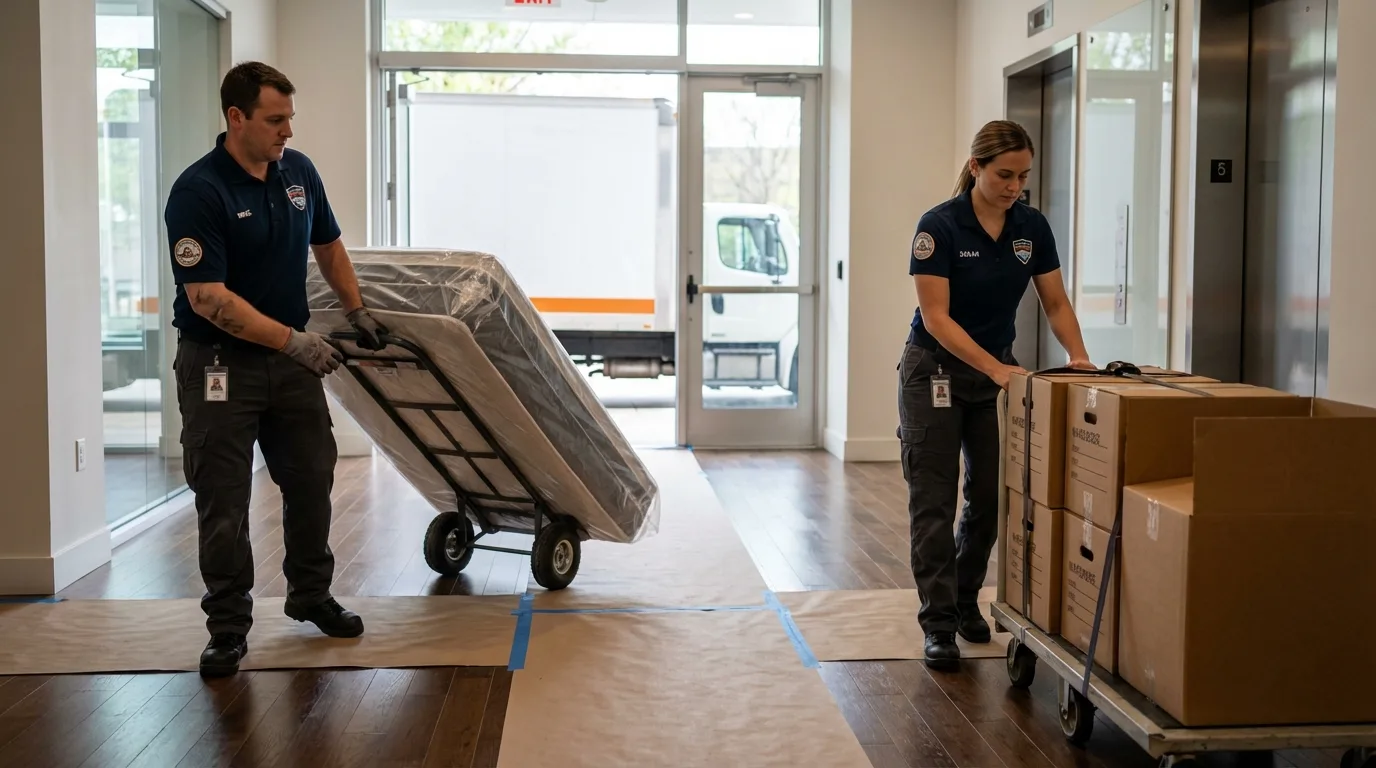 Professional apartment movers loading elevator in Ashville, OH