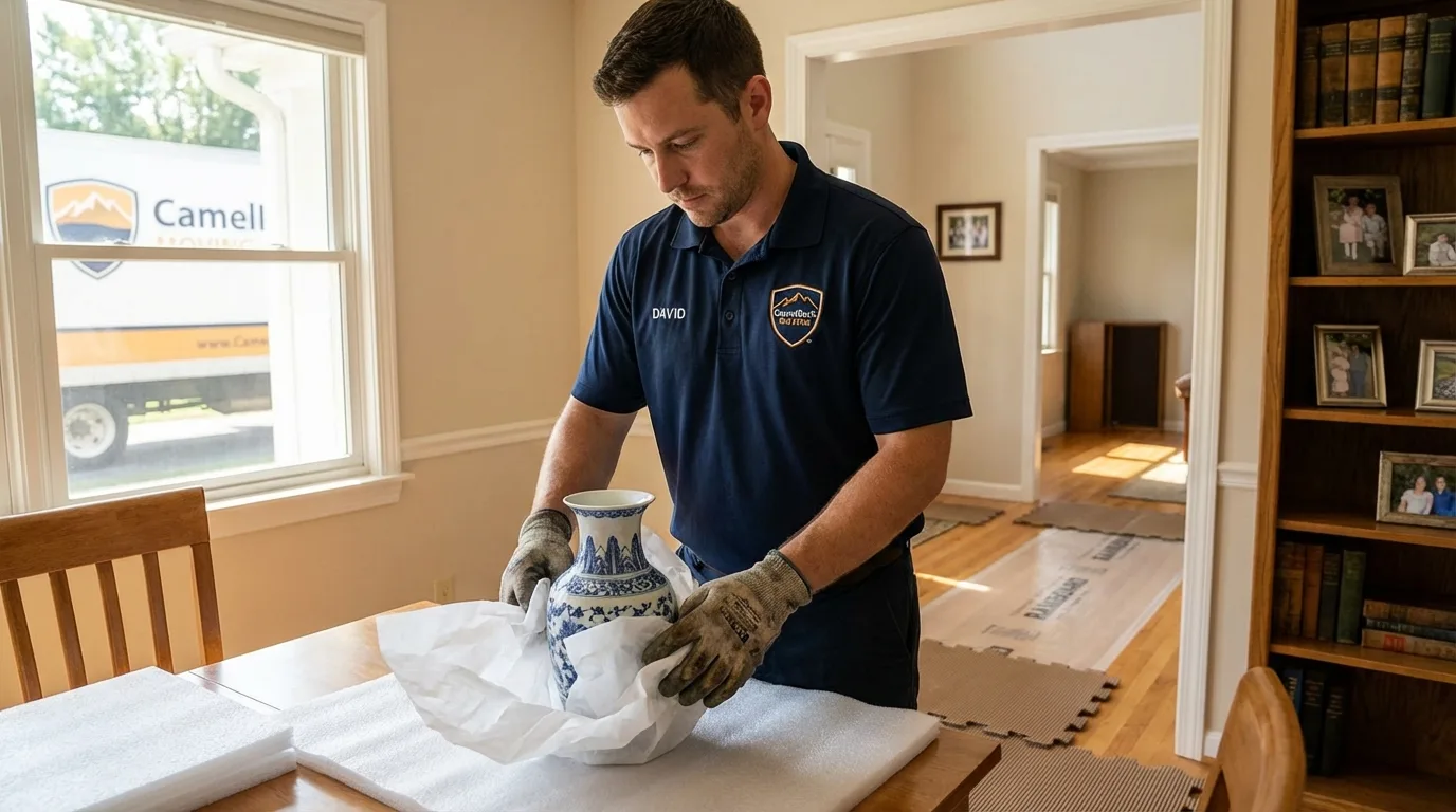 Professional crew carefully wrapping antique vase for senior downsizing move in Ashville, OH